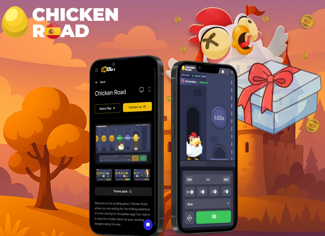 Dos teléfonos mostrando Chicken Road y página oficial de InOut Games con gallina feliz y caja de regalo